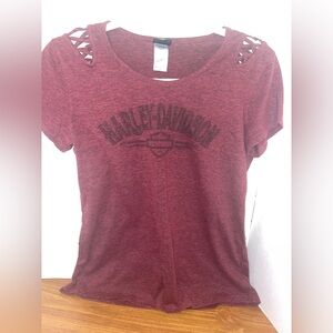 Women's Harley Davidson Criss Cross Cutout Cold Shoulder Short Sleeve T-Shirt M
